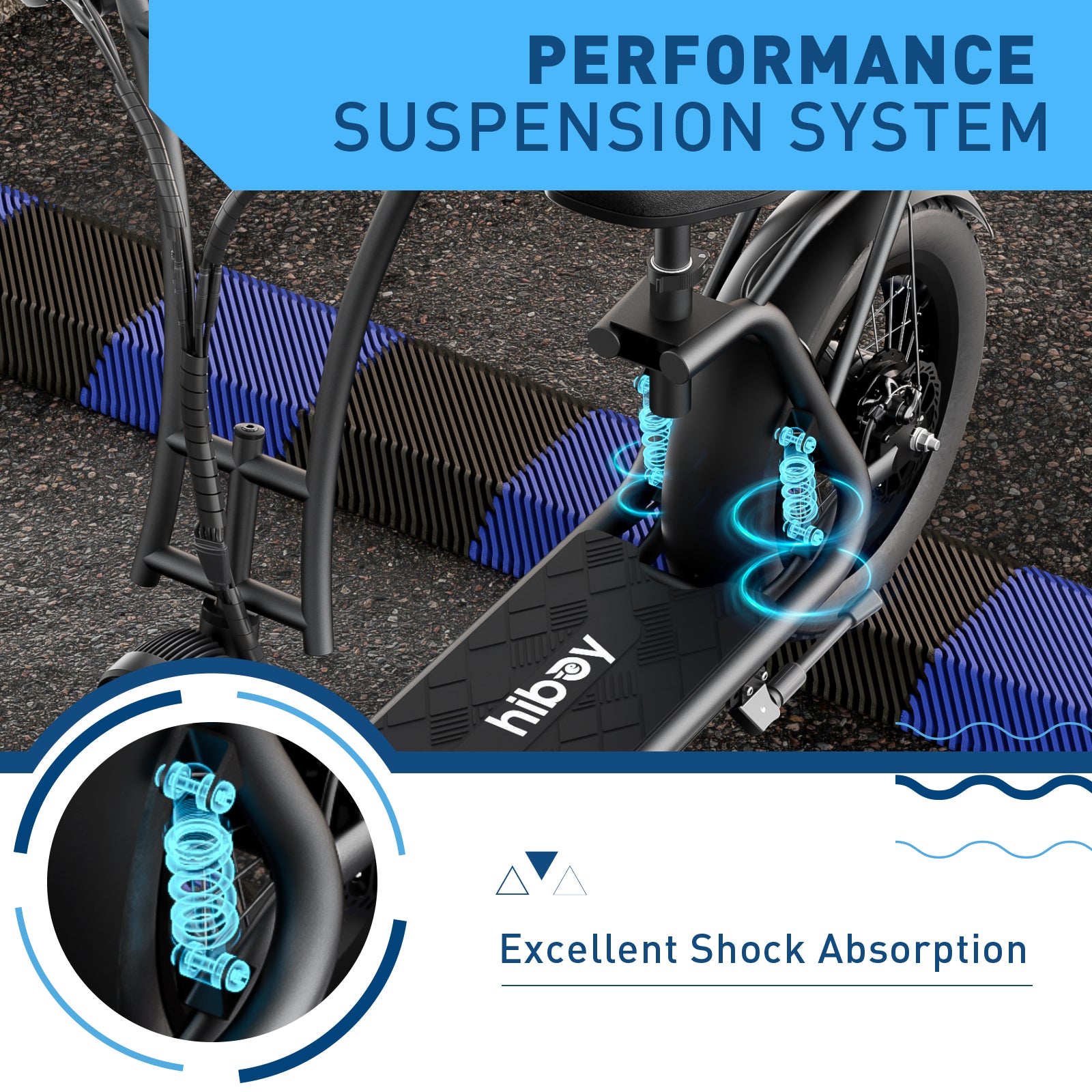 Electric scooter with performance suspension system highlighted, featuring the brand 'hiboy'.