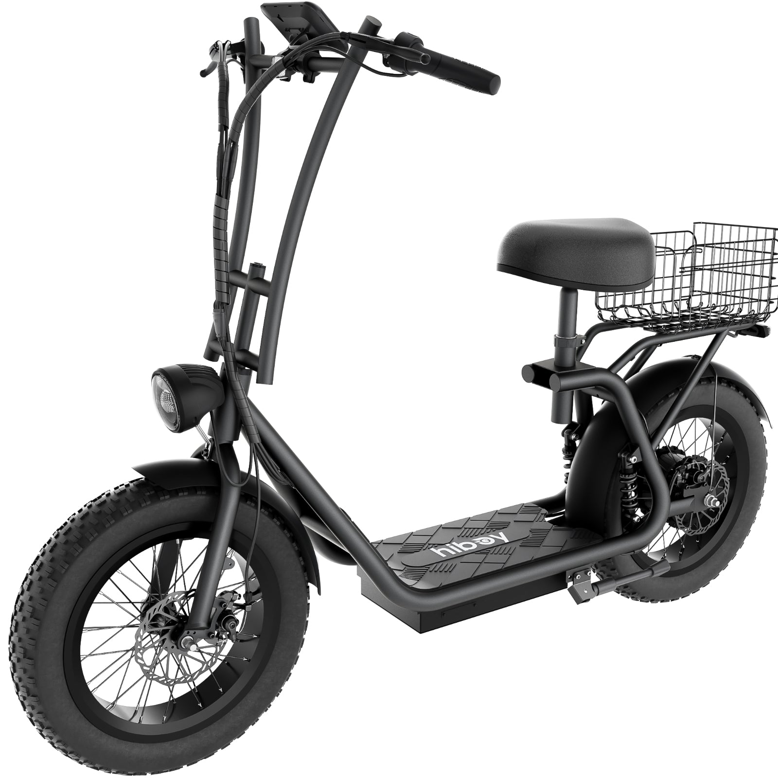 Black electric scooter with a basket on a white background