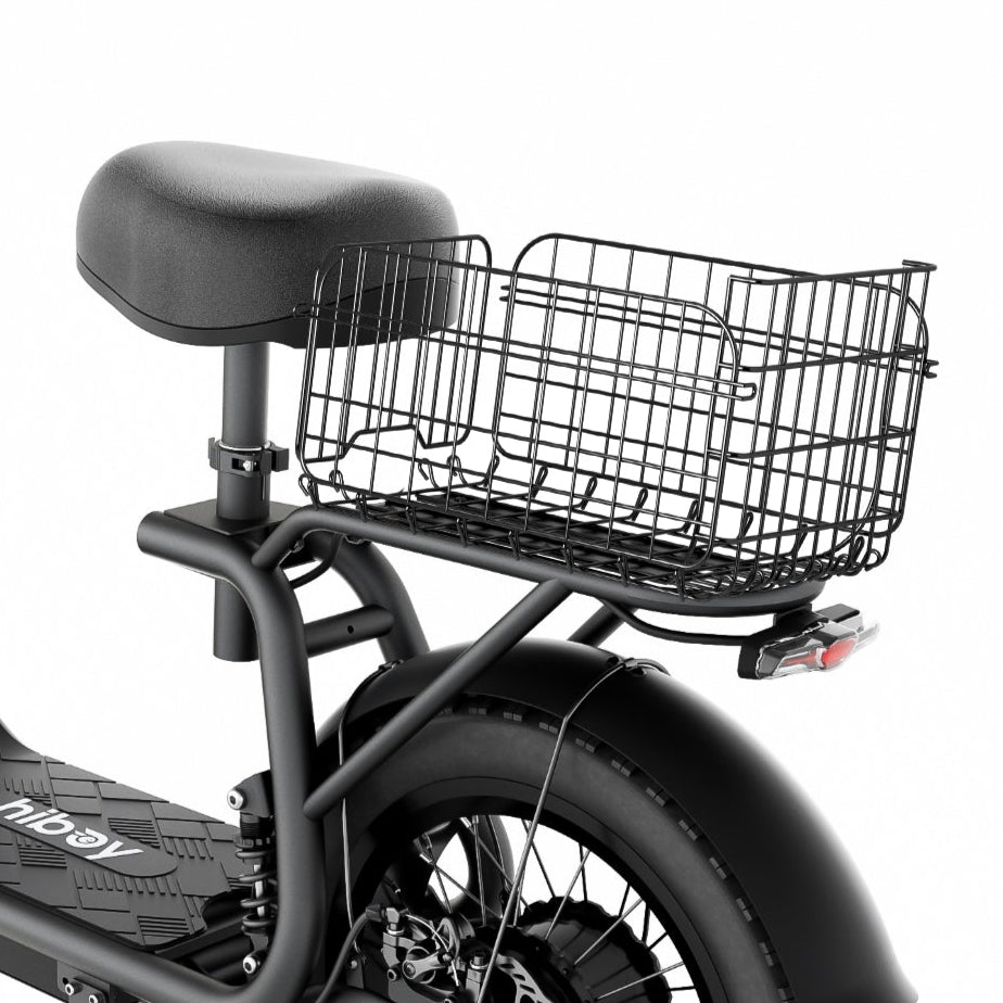 Black electric scooter with a basket on a white background
