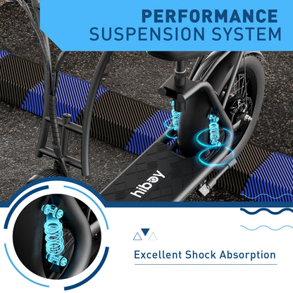 Electric scooter with performance suspension system highlighted, featuring the brand 'hiboy'.