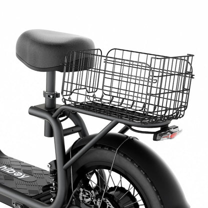 Black electric scooter with a basket on a white background